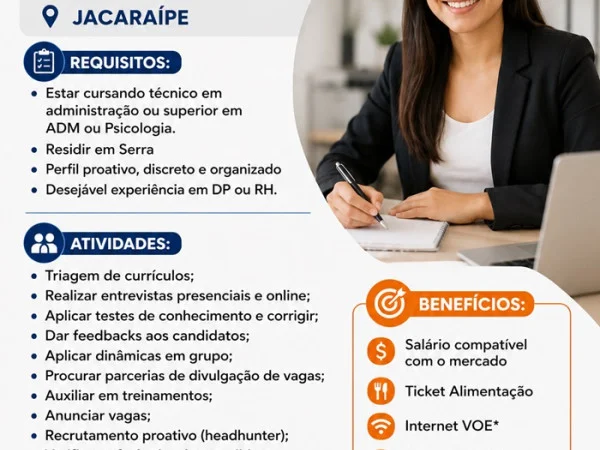 AUXILIAR DE RH (Recrutamento e Seleção) | JACARAÍPE