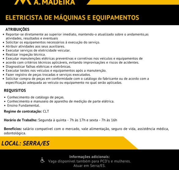 Grupo A. MADEIRA contrata Eletricista de Máquinas e Equipamentos