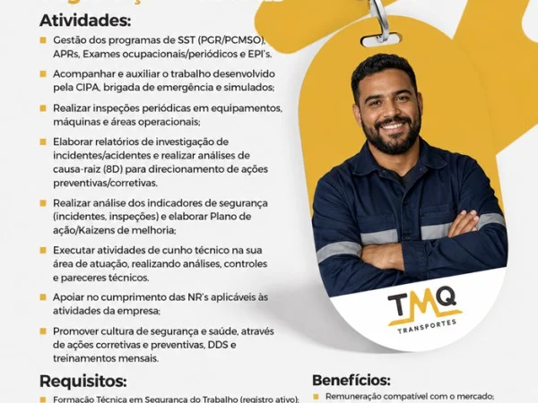 TMQ Transportes contrata Técnico de Segurança do Trabalho