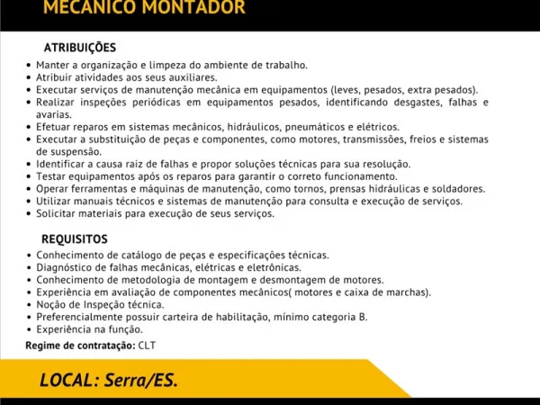 Grupo A. Madeira contrata Mecânico Montador