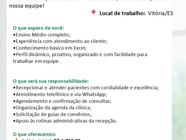 VAGA DE RECEPCIONISTA