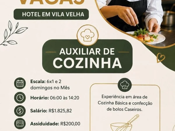 HOTEL EM VILA VELHA CONTRATA AUXILIAR DE COZINHA