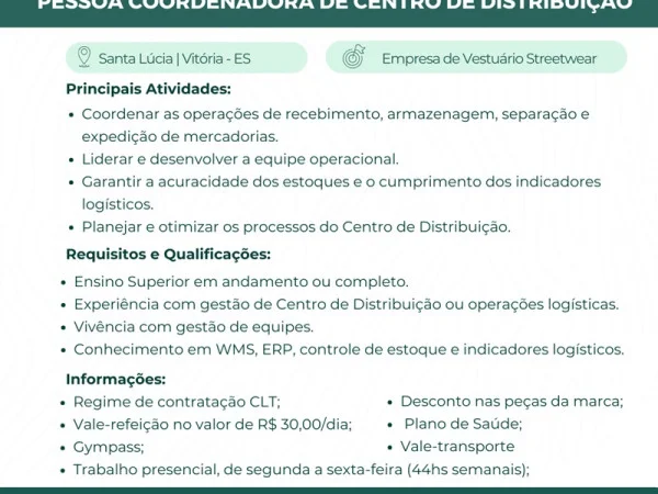 Vaga para Pessoa Coordenadora de Centro de Distribuição