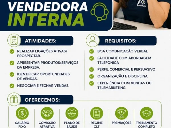 Prolimpe contrata Vendedora Interna