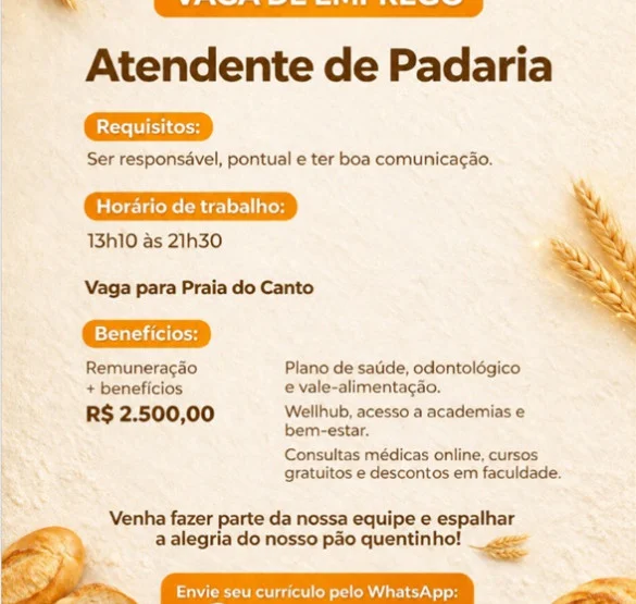 Vaga para Atendente de Padaria