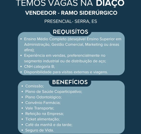 DIAÇO contrata Vendedor - Ramo Siderúrgico
