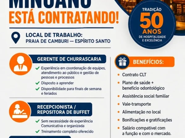 Churrascaria Minuano contrata Recepcionista e Gerente