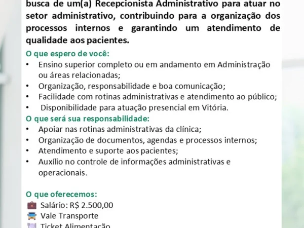 VAGA DE RECEPCIONISTA ADMINISTRATIVO