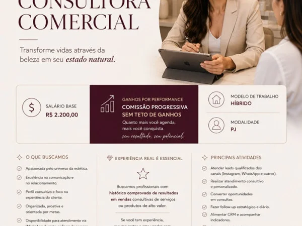 Vaga para Consultora Comercial PJ - Clínica de Harmonização Facial