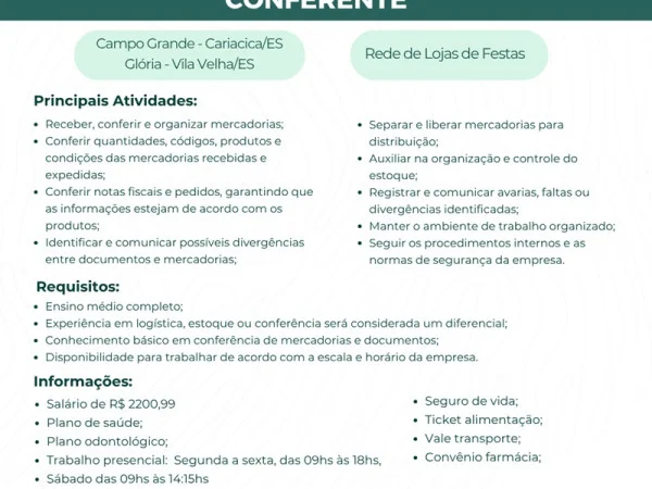 VAGA PARA CONFERENTE