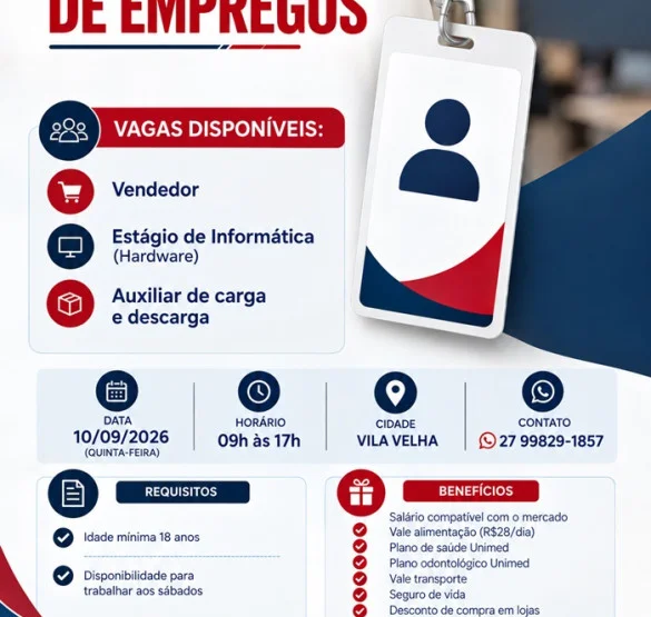 MUTIRÃO DE EMPREGOS: VAGAS PARA VENDEDOR, ESTÁGIO E CARGA E DESCARGA
