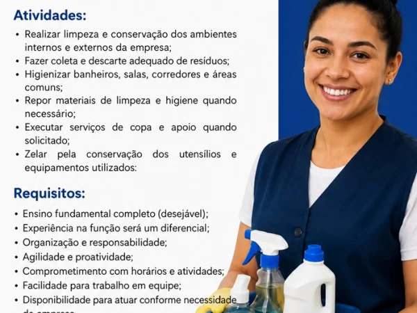 Fluxo Ambiental contrata Auxiliar de Serviços Gerais - Vaga temporária 