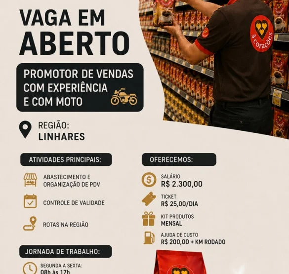 Vaga para Promotor de Vendas (com experiência e com moto)