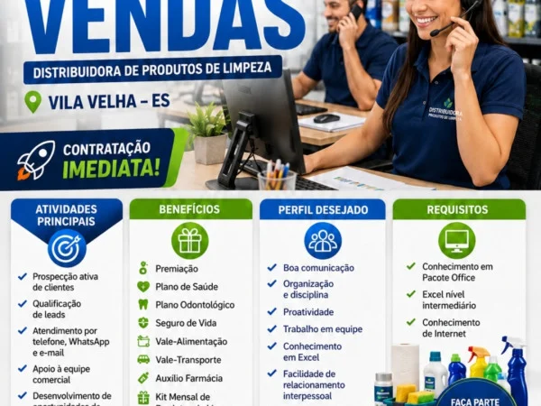 Distribuidora de produtos de limpeza contrata Auxiliar de Vendas