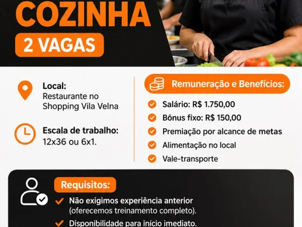 Vagas para Auxiliar de Cozinha (2 Vagas)