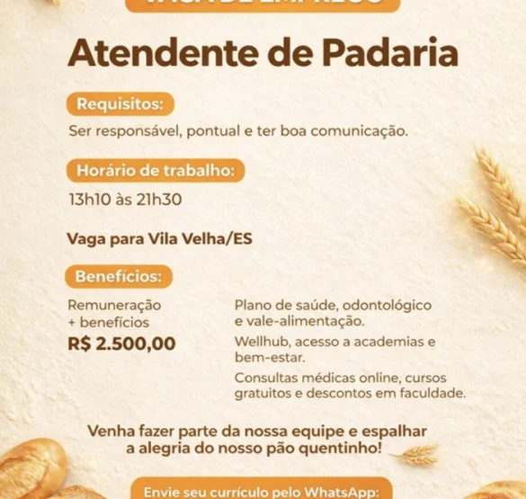 Vaga para Atendente de Padaria | Vila Velha 