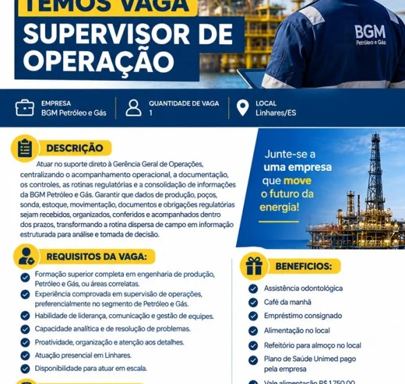 BGM Petróleo e Gás contrata Supervisor de Operação