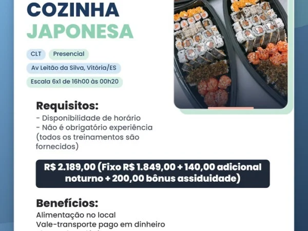 Vaga para Auxiliar de Cozinha Japonesa (Vitória)