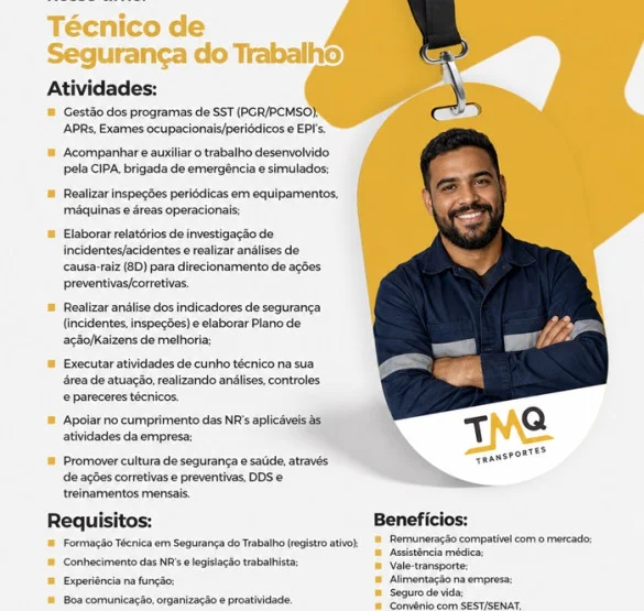 TMQ Transportes contrata Técnico de Segurança do Trabalho
