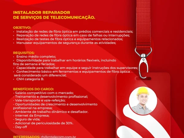 RN Telecom contrata Instalador Reparador de Serviços de Telecomunicação