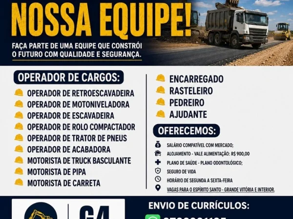 G4 Locação e Pavimentação abre vagas para Operadores, Motoristas e profissionais da Construção Civil no ES