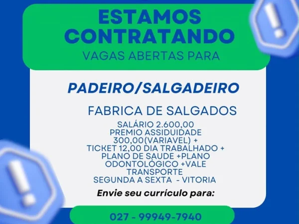 Vaga para Padeiro/Salgadeiro