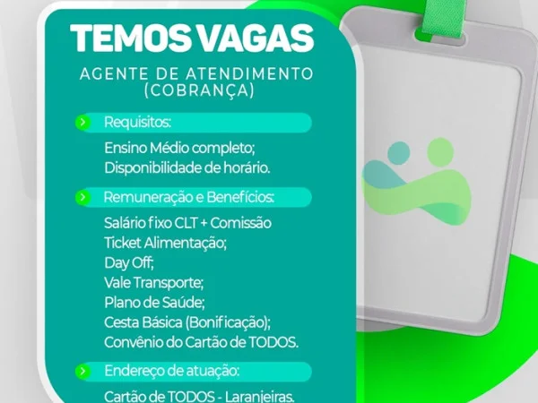 Cartão de Todos contrata Agente de Atendimento (Cobrança)