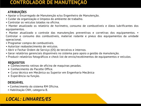 Grupo A. MADEIRA contrata Controlador de Manutenção