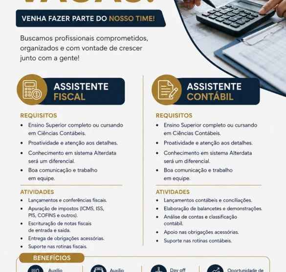 VAGAS PARA ASSISTENTE FISCAL E ASSISTENTE CONTÁBIL