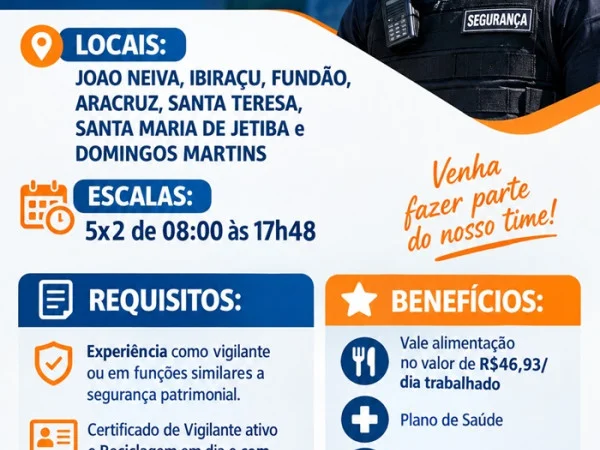 VAGA DE VIGILANTE (JOAO NEIVA, IBIRAÇU, FUNDÃO, ARACRUZ, SANTA TERESA, SANTA MARIA DE JETIBA e DOMINGOS MARTINS)