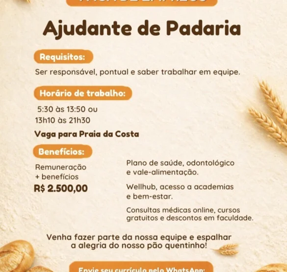 Vaga para Ajudante de Padaria | Praia da Costa