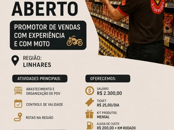 Vaga para Promotor de Vendas (com experiência e com moto)