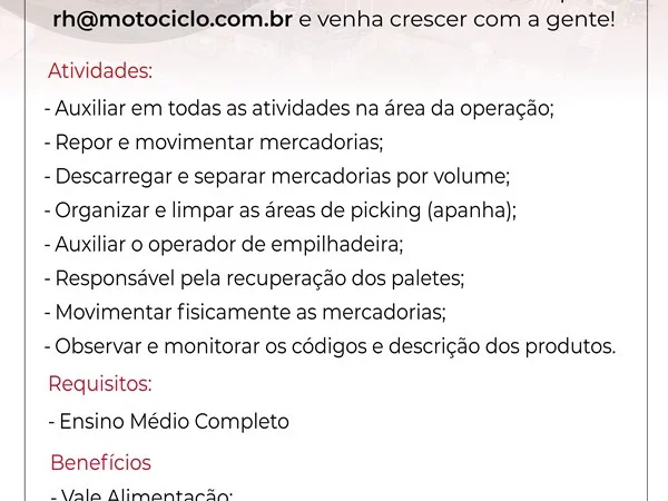 Grupo Motociclo contrata Auxiliar de Logística