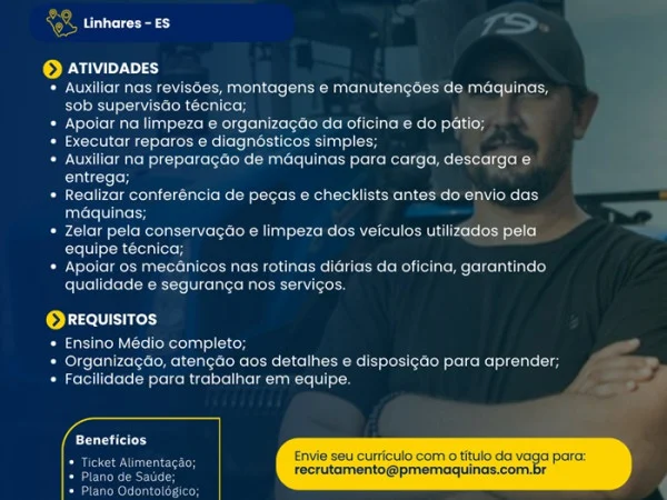 PME Maquinas contrata Auxiliar de Mecânica