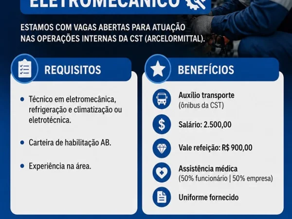 VAGA DE ELETROMECÂNICO PARA ATUAR NA ÁREA DA ARCELORMITTAL