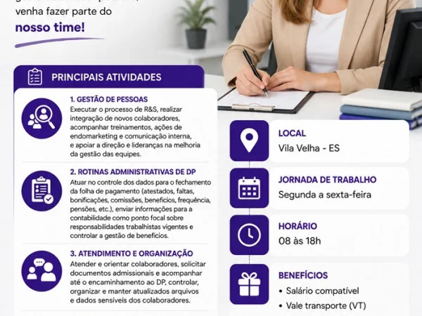 Vaga para Assistente de DP/RH