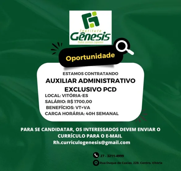 Instituto Gênesis contrata Auxiliar Administrativo (Exclusivo PCD)