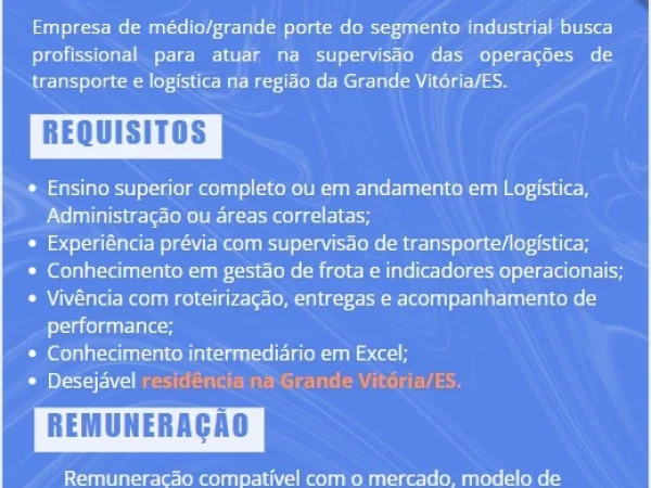 Vaga de Supervisor de Logística – Grande Vitória/ES