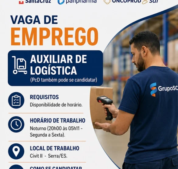 GrupoSC contrata Auxiliar de Logística  (PcD também pode se candidatar)