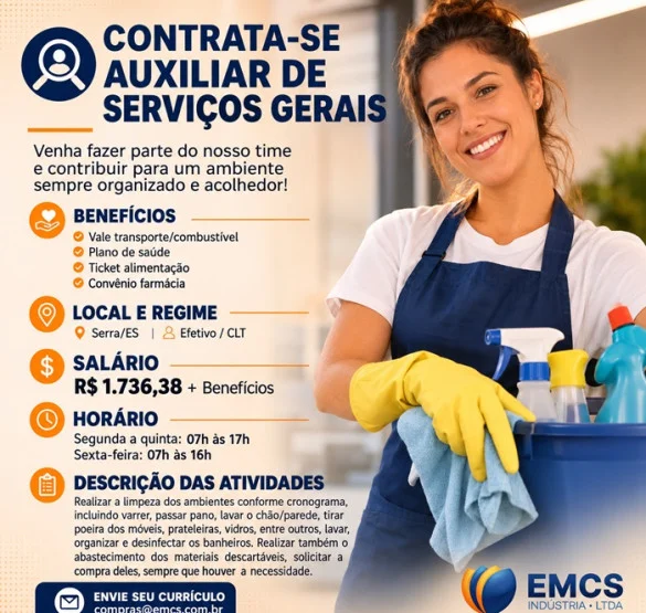 EMCS Indústria contrata Auxiliar de Serviços Gerais