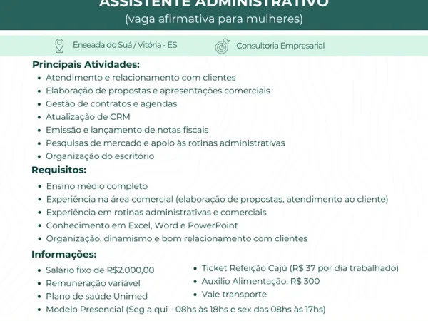 Vaga de Assistente Administrativo (Vaga afirmativa para mulheres)