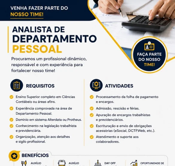 VAGA DE ANALISTA DE DEPARTAMENTO PESSOAL
