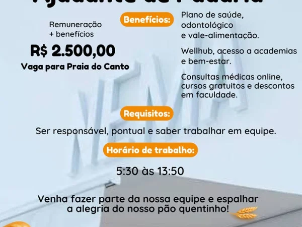 Vaga para Ajudante de Padaria | Praia do Canto
