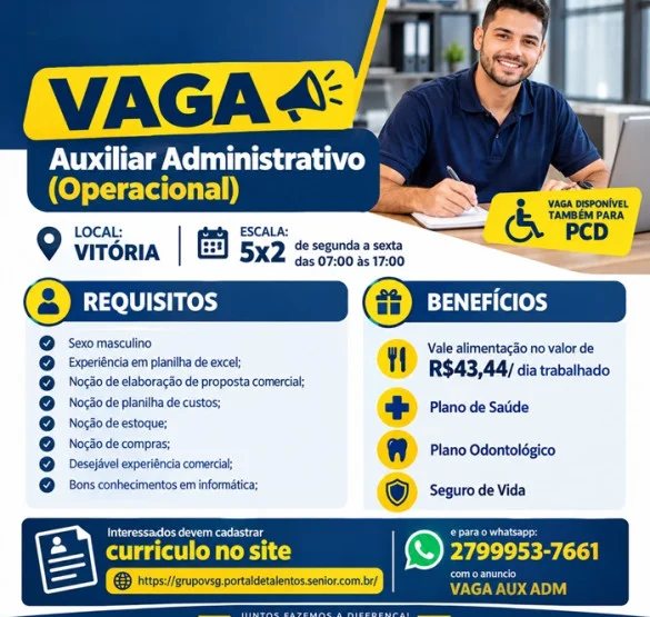 Vaga para Auxiliar Administrativo (Operacional)
