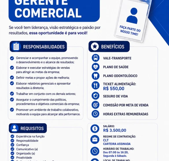 VAGA DE GERENTE COMERCIAL