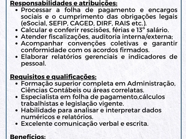 Vaga para Analista de Departamento Pessoal