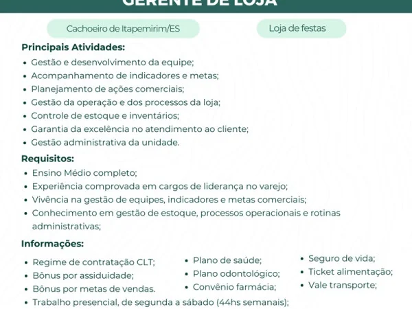 Vaga para Gerente de Loja (Cachoeiro de Itapemirim)