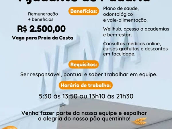 Vaga para Ajudante de Padaria | Praia da Costa