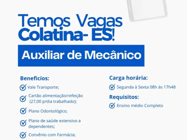 Oportunidade para Auxiliar de Mecânico (Colatina – ES)