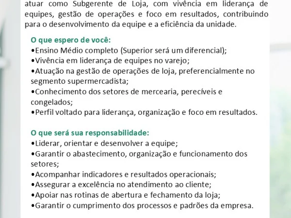 Vaga para Subgerente de Supermercado